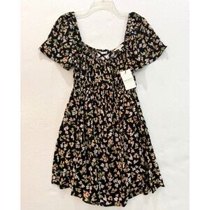 NWT Promesa Size Small Black Floral Boho Off Shoulder Lace Back Mini Dress